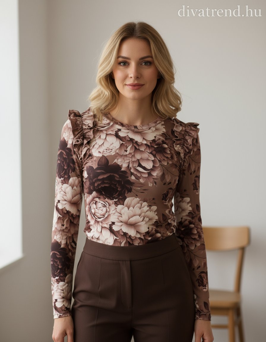 olasz női virág mintás vékony felső hosszú ujjú alakhangsúlyozó kerek nyakú