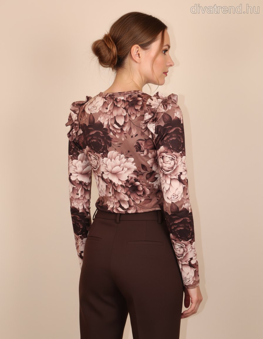 olasz női virág mintás vékony felső hosszú ujjú alakhangsúlyozó kerek nyakú