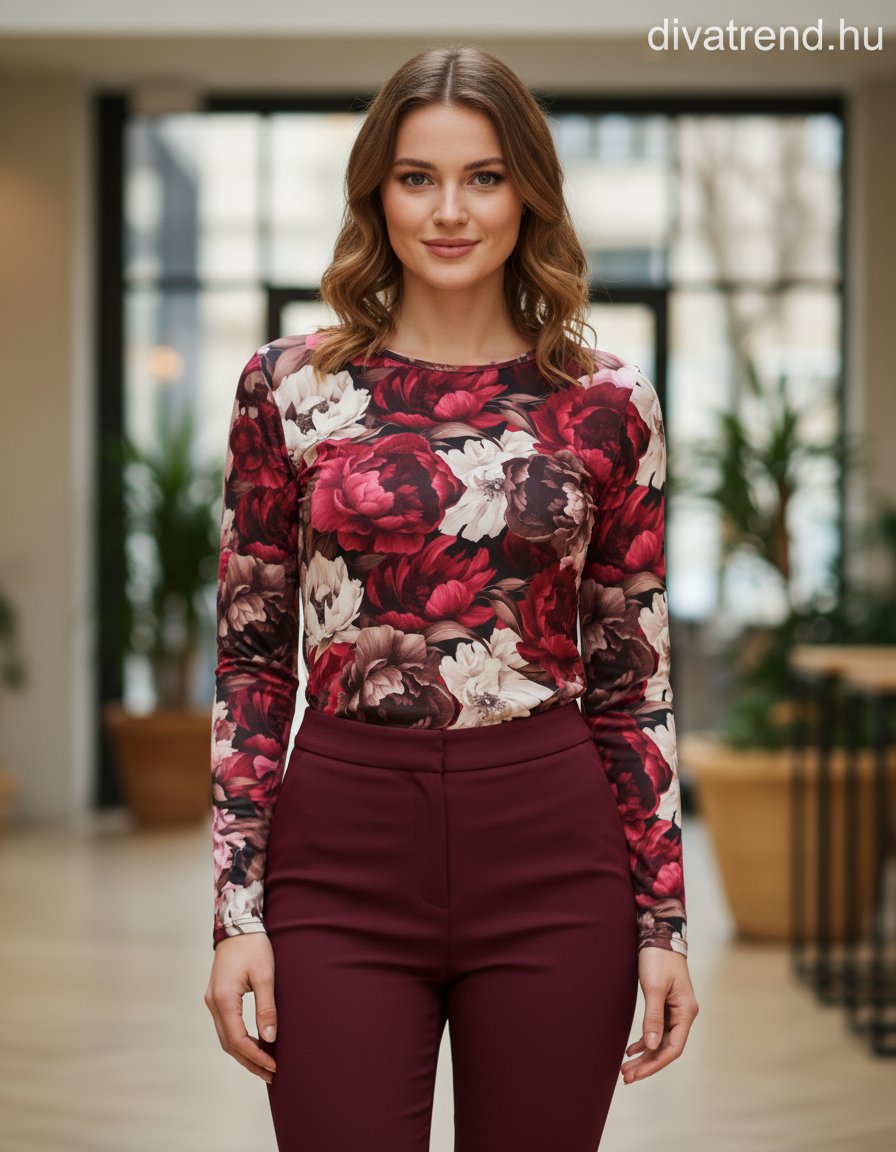 olasz női mintás vékony felső hosszú ujjú A vonalú magas nyakú