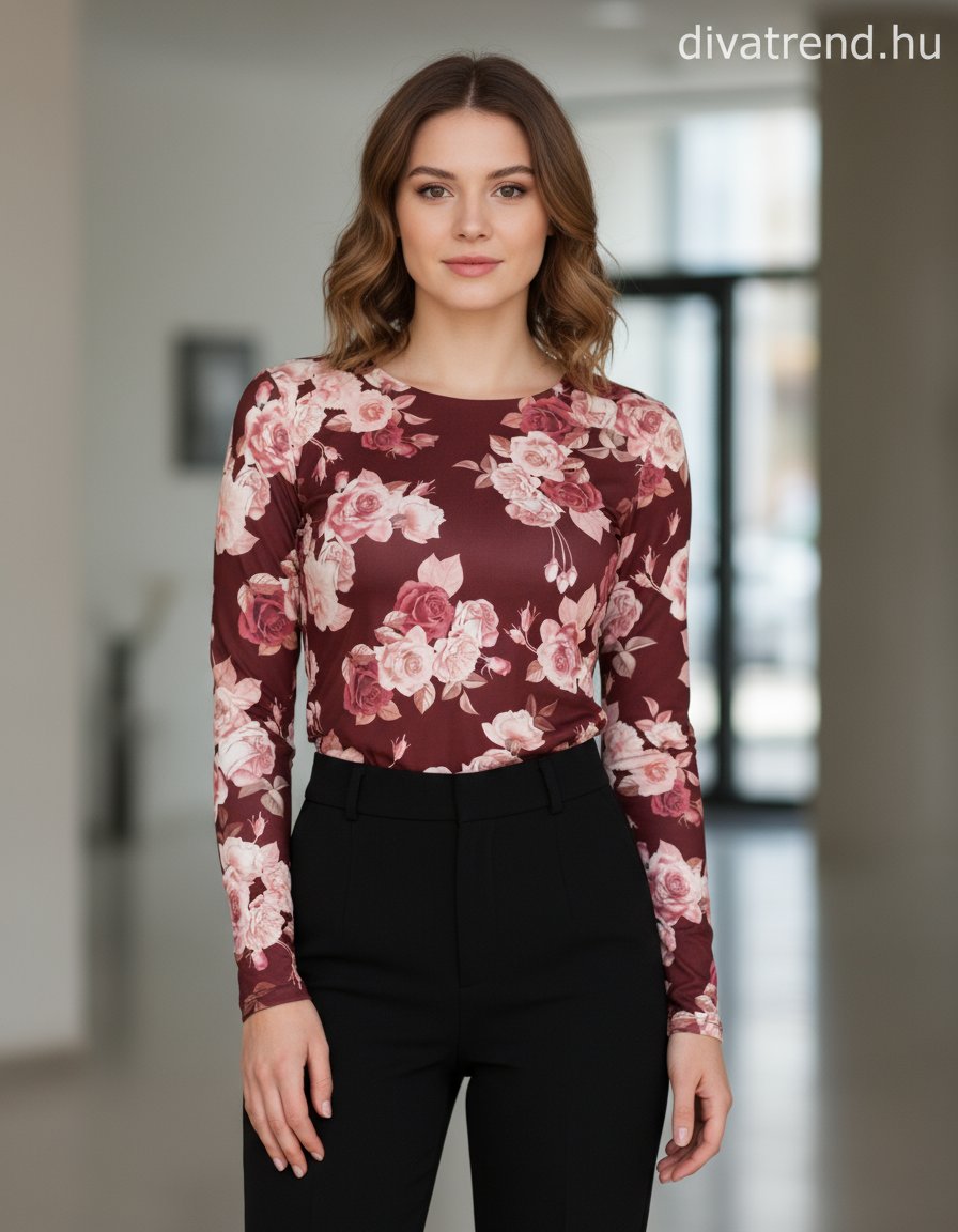 olasz női mintás vékony felső hosszú ujjú A vonalú magas nyakú