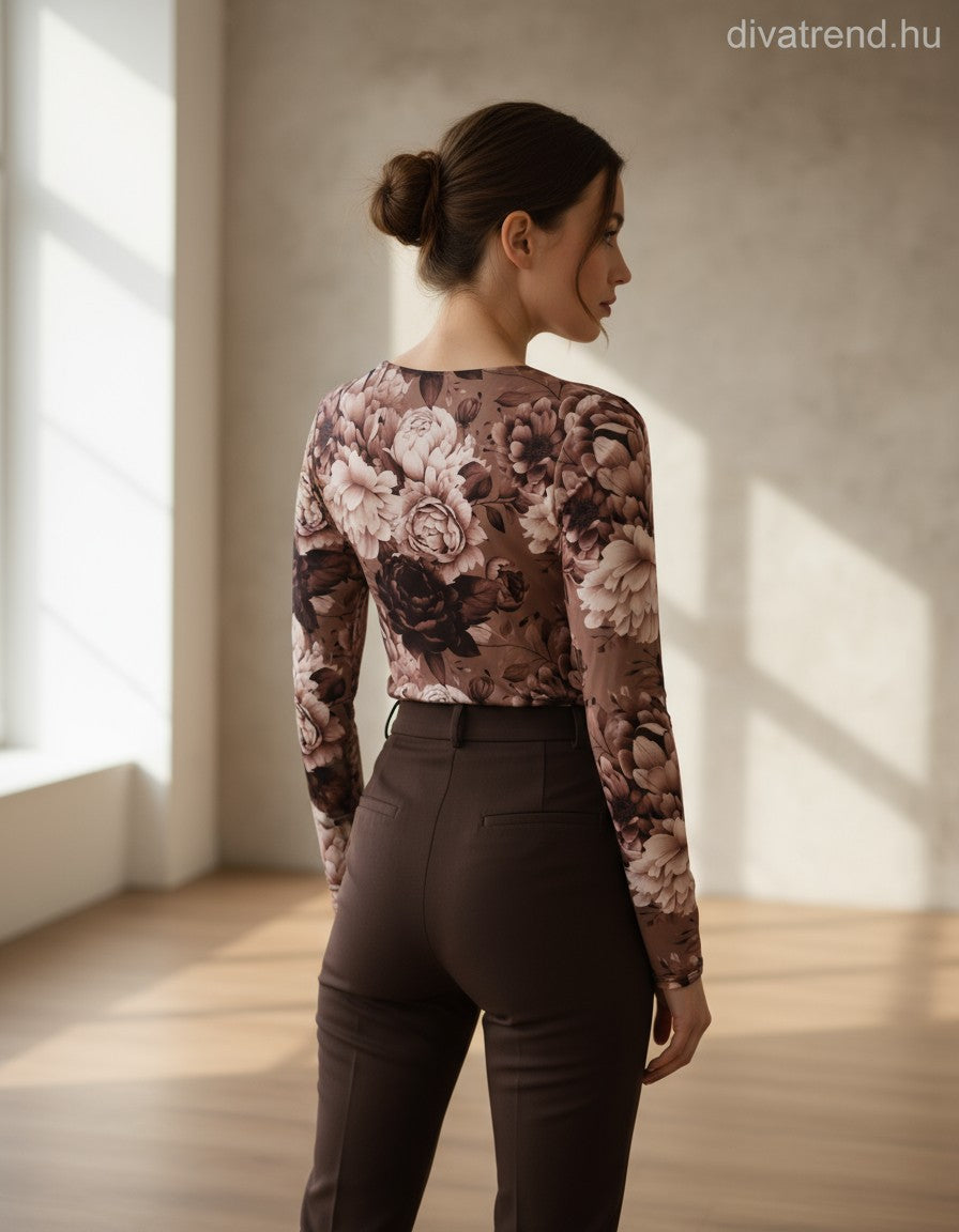 olasz női mintás vékony felső hosszú ujjú A vonalú magas nyakú