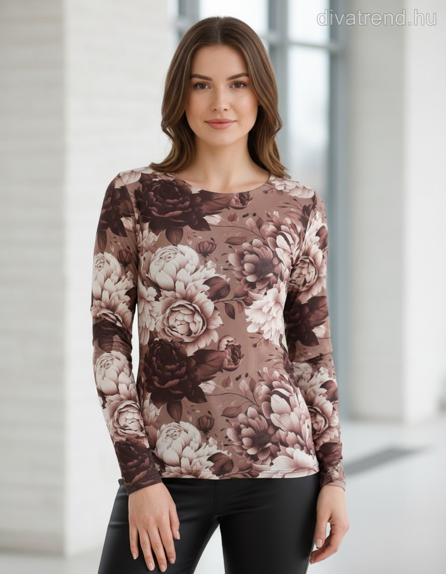 olasz női mintás vékony felső hosszú ujjú A vonalú magas nyakú