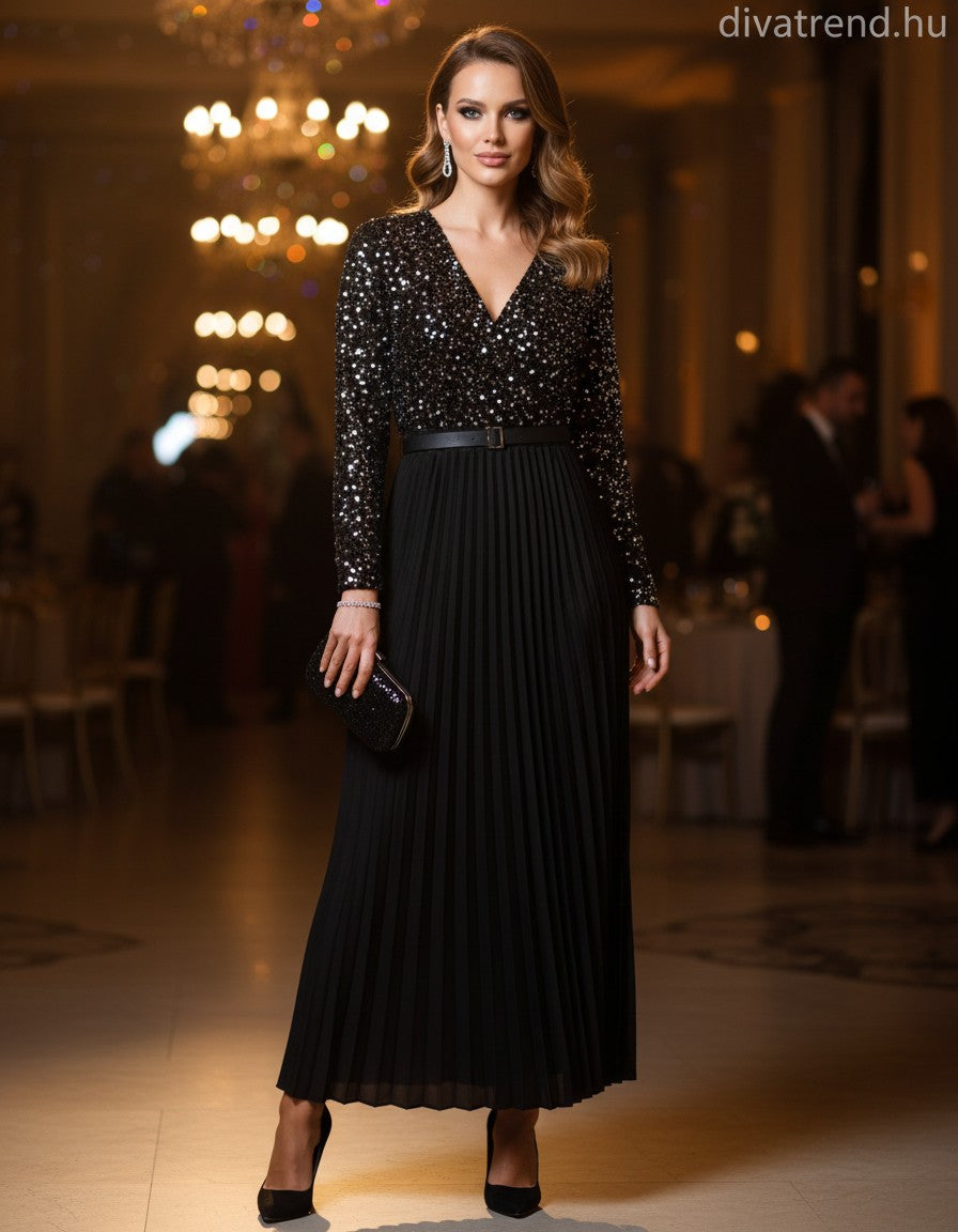 olasz női ruha hosszú ujjú V nyakú maxi