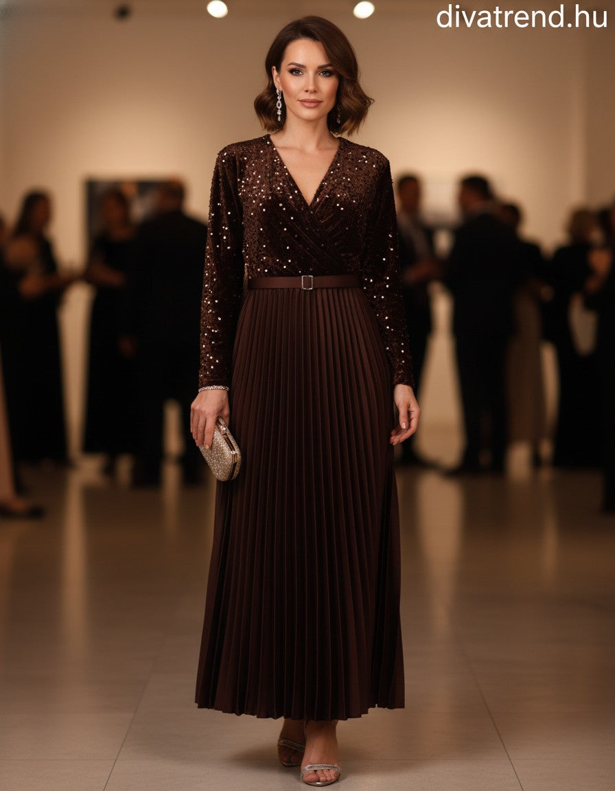 olasz női ruha hosszú ujjú V nyakú maxi