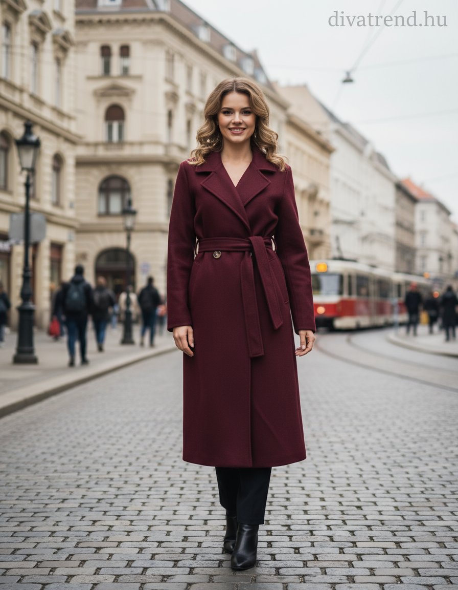 női hosszú szövetkabát kötővel bordó