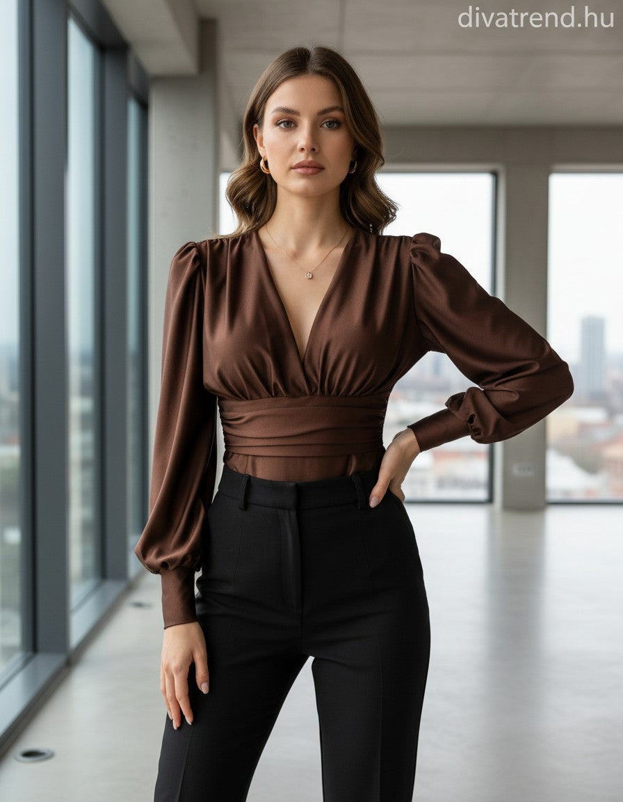 olasz női body hosszú ujjú alakhangsúlyozó V nyakú