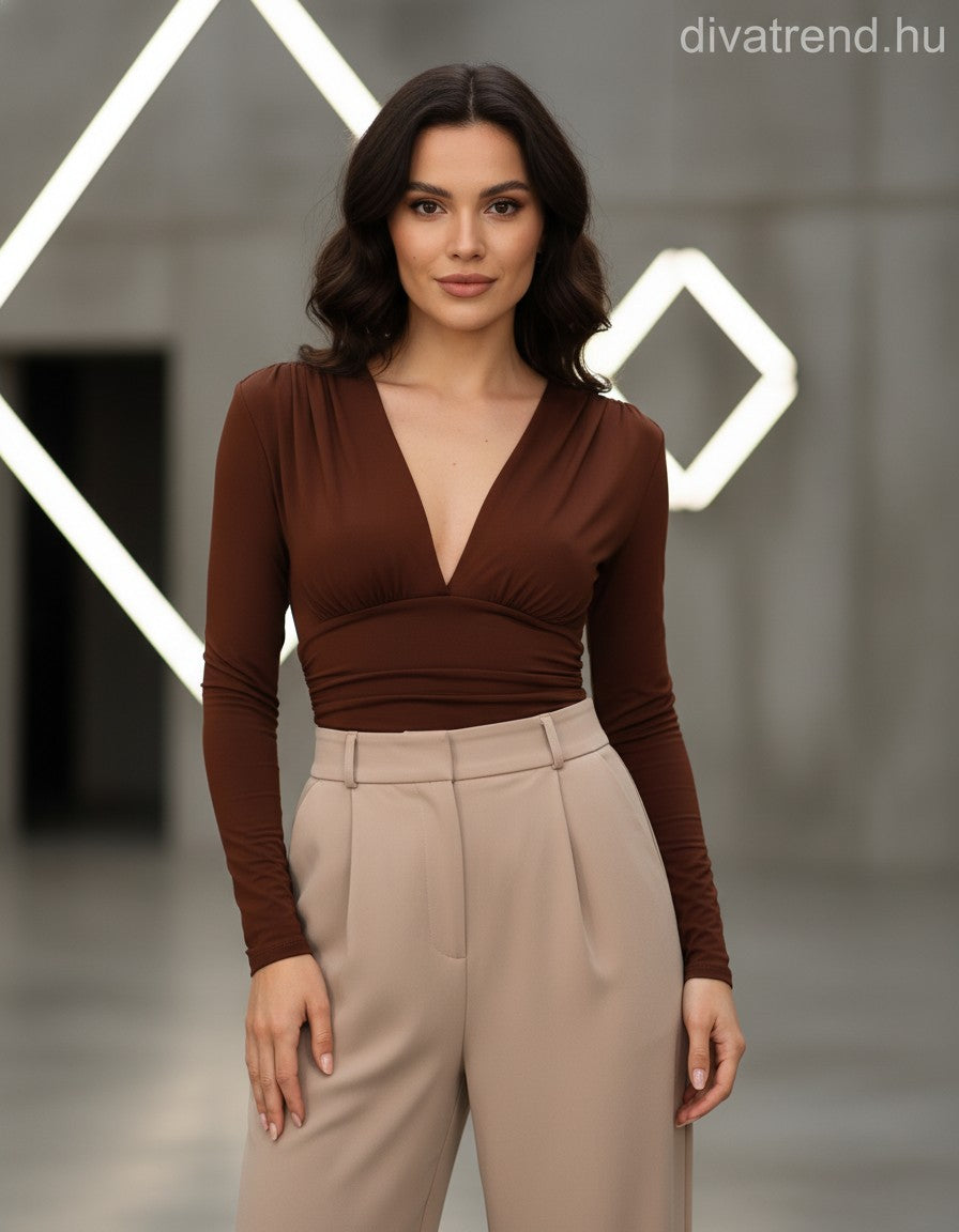 Lovery női body hosszú ujjú alakhangsúlyozó V nyakú