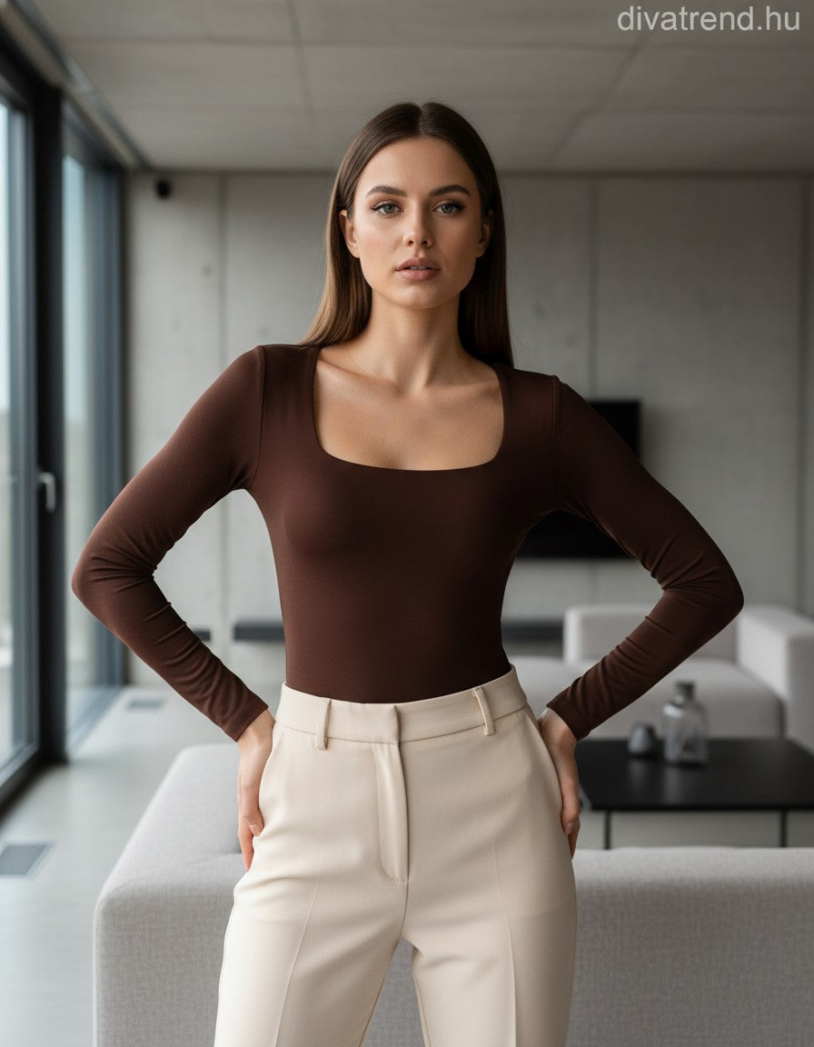 Lovery női body hosszú ujjú alakhangsúlyozó U nyakú