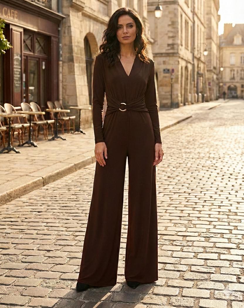 olasz női overál hosszú ujjú hosszú V nyakú