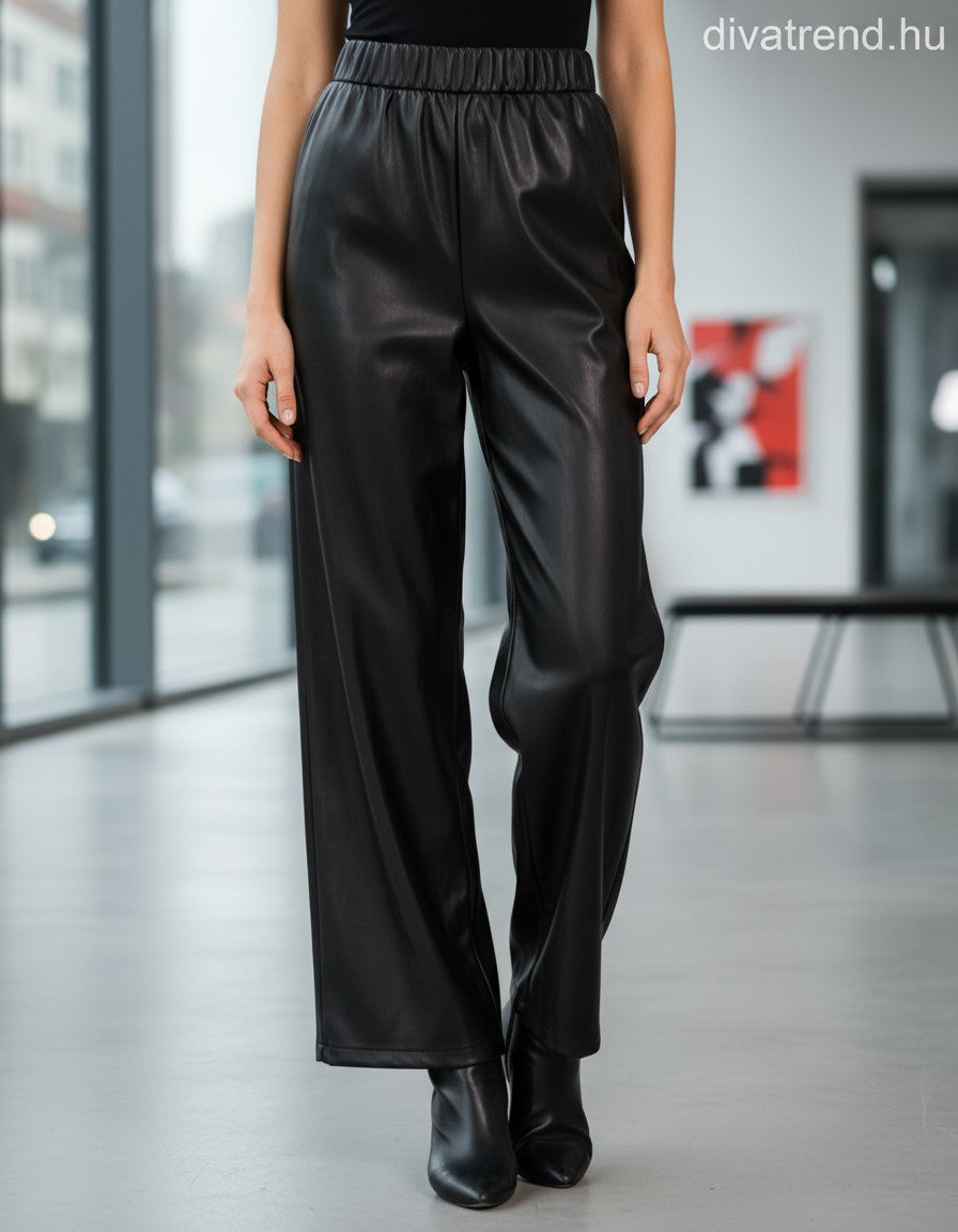 fekete bő szárú nadrág műbőr