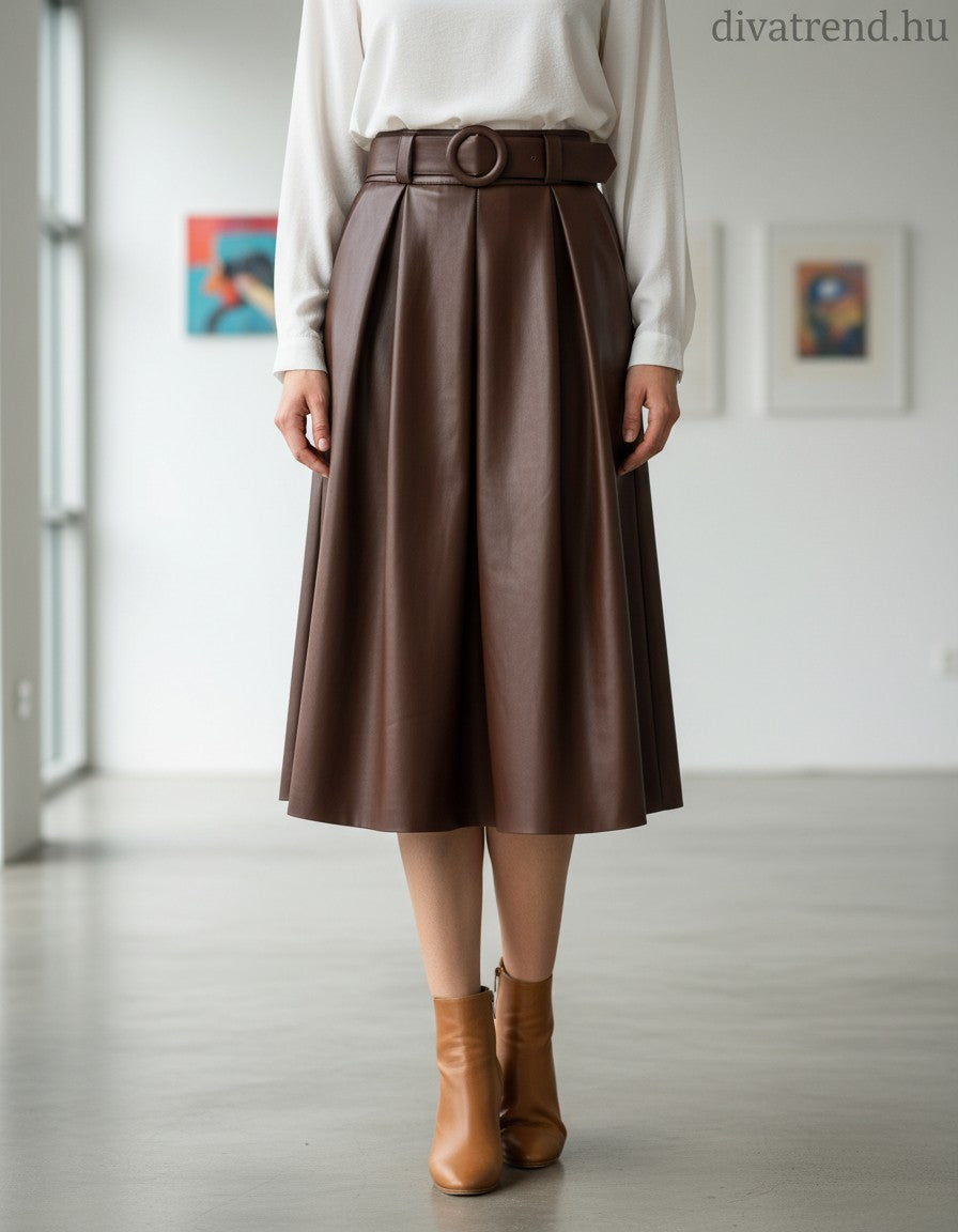 olasz női bőr hatású szoknya midi A vonalú
