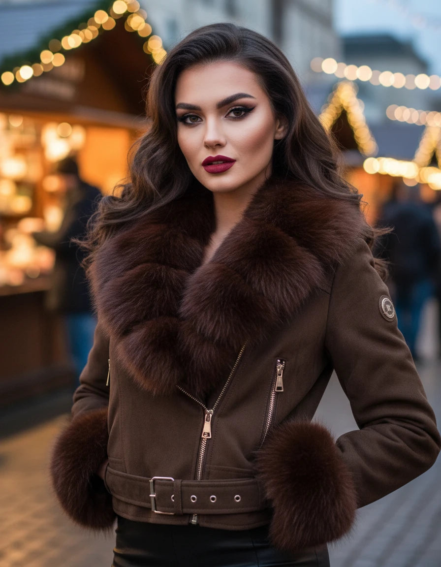 Softy női bélelt velúr bőrkabát műszőrmével barna