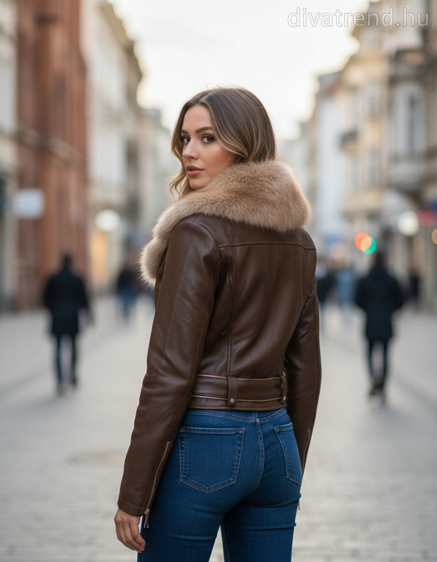 Softy női vastag bőr hatású átmeneti kabát hosszú ujjú kerek nyakú