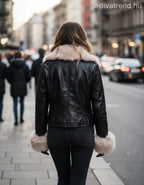 FlamMode női bélelt bőrkabát műszőrmével hátulnézet