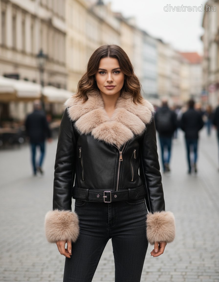 FlamMode női vastag bőr hatású átmeneti kabát hosszú ujjú kerek nyakú