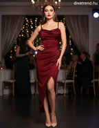 alkalmi szűk szatén midi ruha bordó