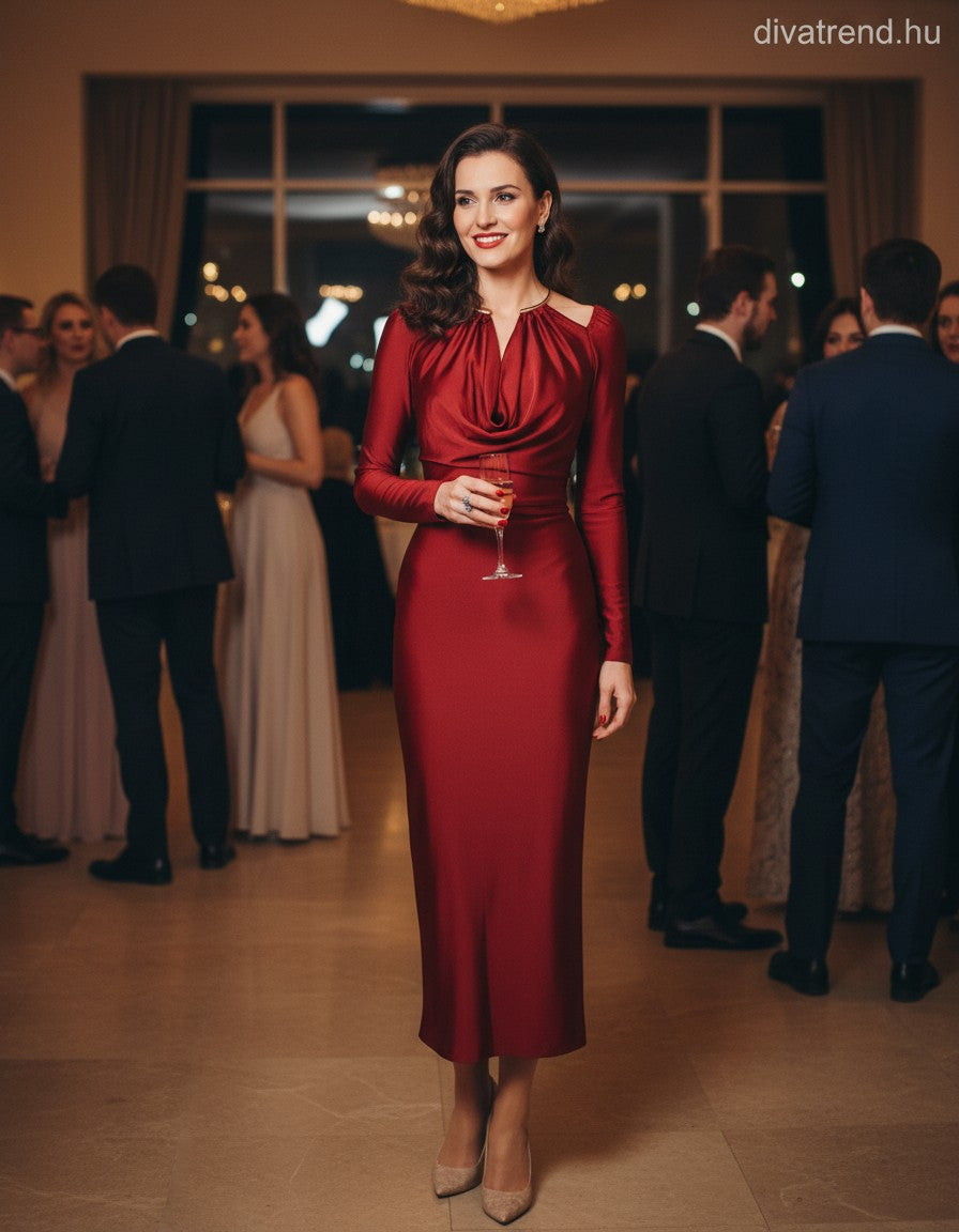 olasz női ruha hosszú ujjú V nyakú maxi