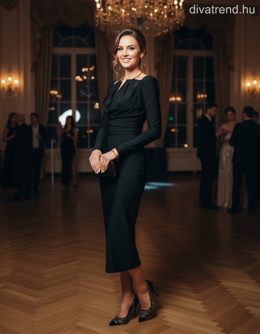 olasz női ruha hosszú ujjú V nyakú maxi