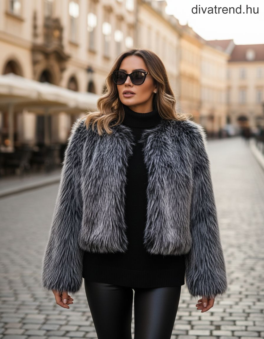 fekete fehér Rövid szőrme dzseki – Elegáns műszőrme boleró kabát