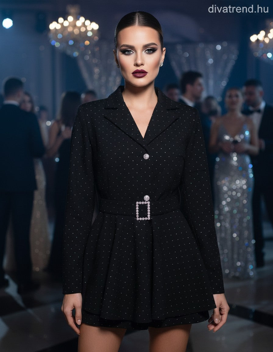 fekete női overál ruha mini köves