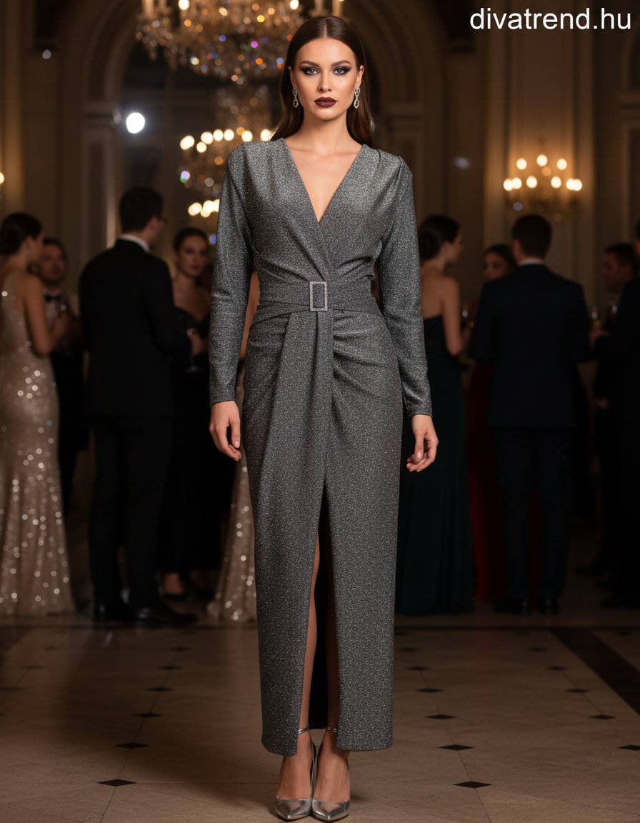 olasz női ruha hosszú ujjú V nyakú maxi