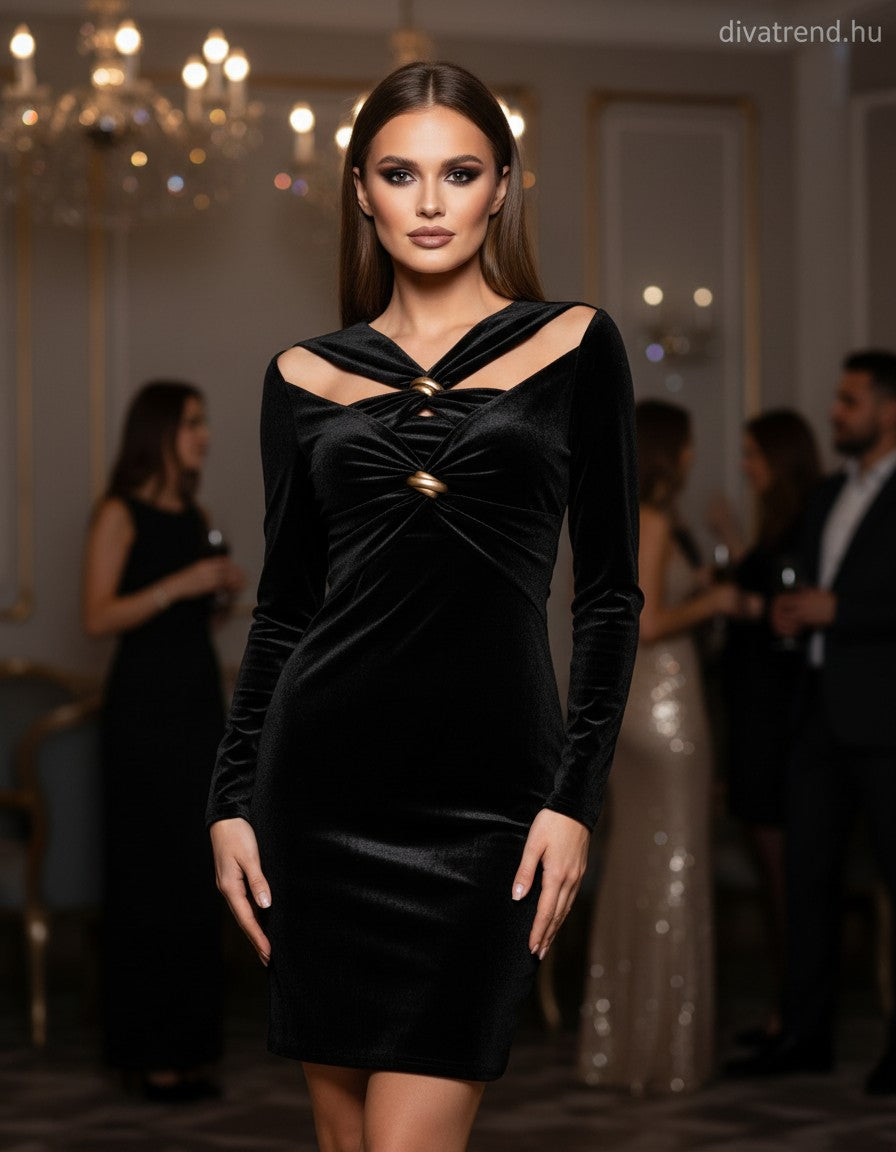 Lovery női plüss bársony ruha hosszú ujjú V nyakú térd