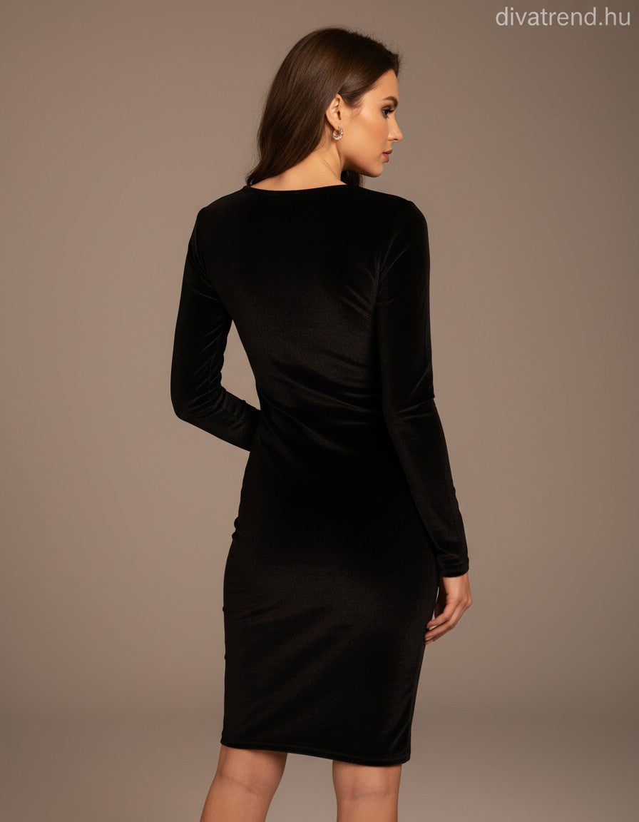 Lovery női plüss bársony ruha hosszú ujjú V nyakú térd