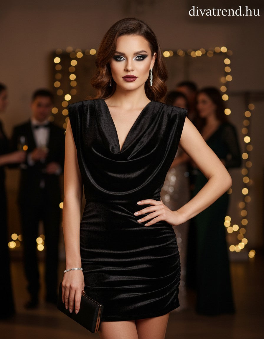 olasz női plüss bársony ruha ujjatlan V nyakú térd