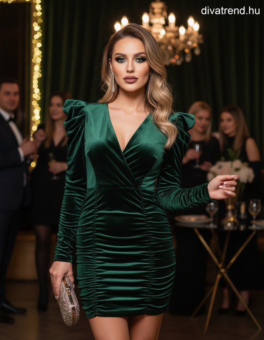 olasz női plüss bársony ruha hosszú ujjú V nyakú térd