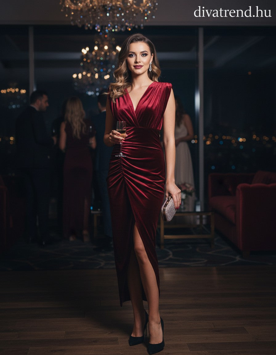 olasz női plüss bársony ruha ujjatlan V nyakú maxi