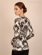 Kikiriki női mintás felső hosszú ujjú alakhangsúlyozó kerek nyakú