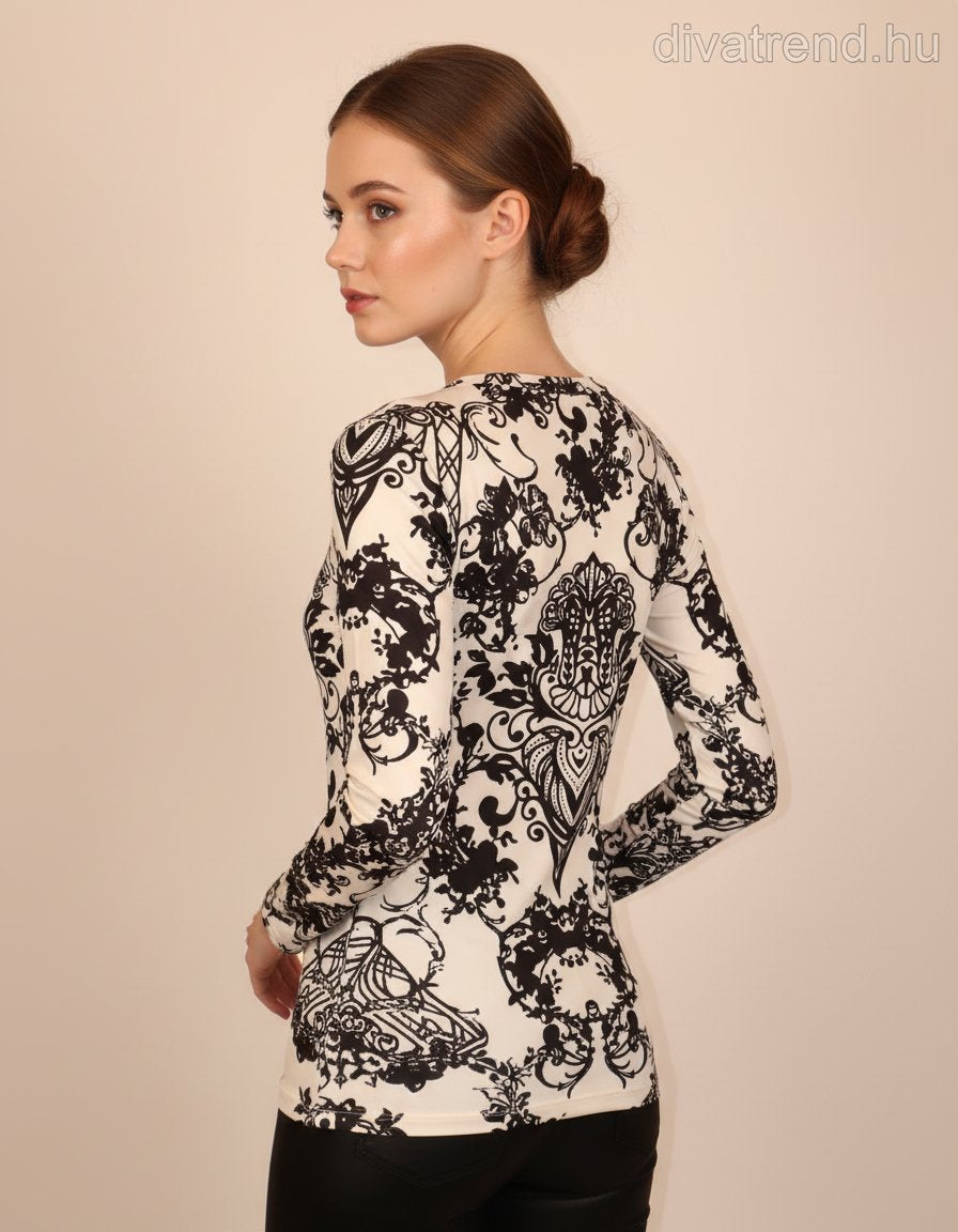 Kikiriki női mintás felső hosszú ujjú alakhangsúlyozó kerek nyakú