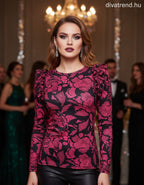 olasz női virág mintás felső hosszú ujjú alakhangsúlyozó kerek nyakú