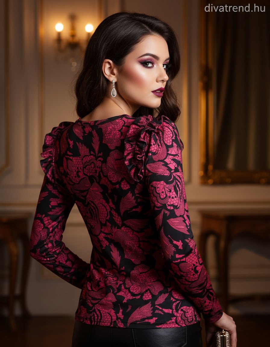 olasz női virág mintás felső hosszú ujjú alakhangsúlyozó kerek nyakú