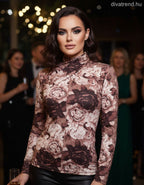 olasz női virág mintás felső hosszú ujjú alakhangsúlyozó magas nyakú