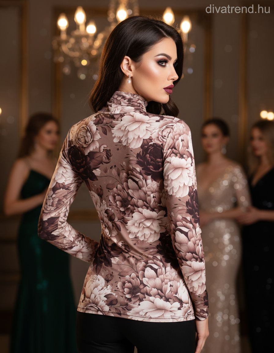 olasz női virág mintás felső hosszú ujjú alakhangsúlyozó magas nyakú