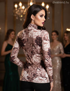 olasz női virág mintás felső hosszú ujjú alakhangsúlyozó magas nyakú