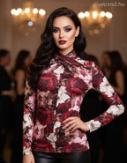 olasz női virág mintás felső hosszú ujjú alakhangsúlyozó magas nyakú