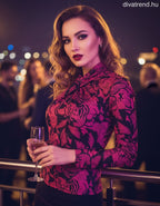 olasz női virág mintás felső hosszú ujjú alakhangsúlyozó magas nyakú