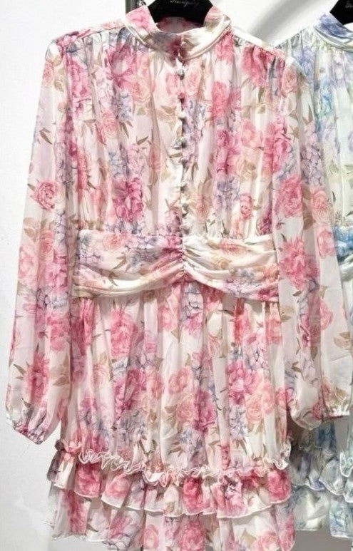 pink virágmintás fodros sifon miniruha