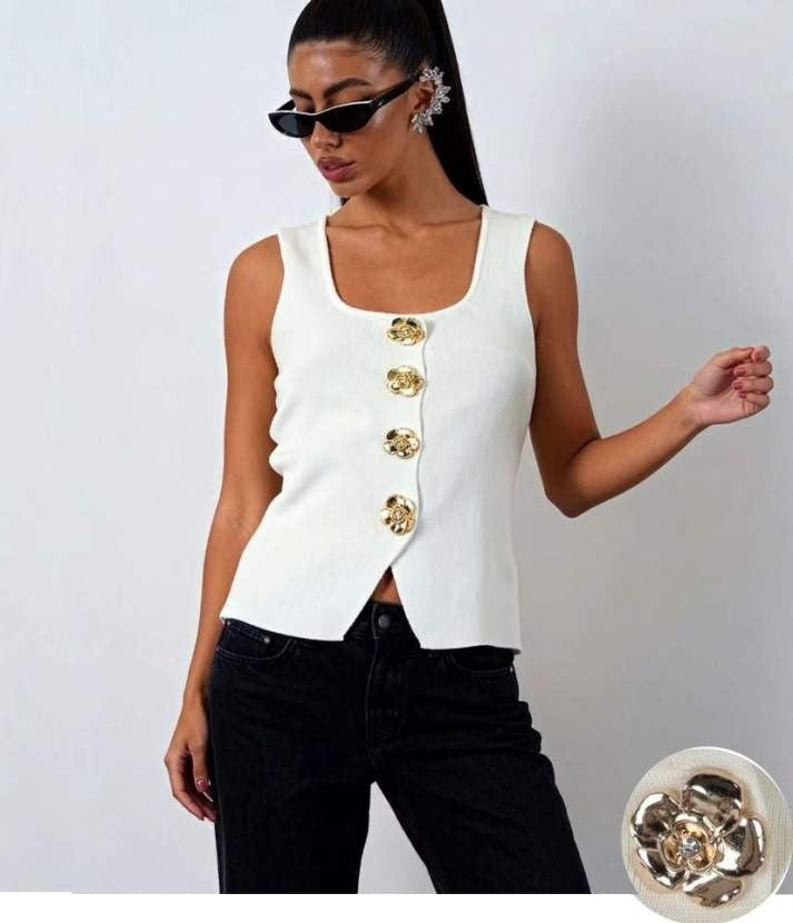 fehér női kötött mellény arany gombos