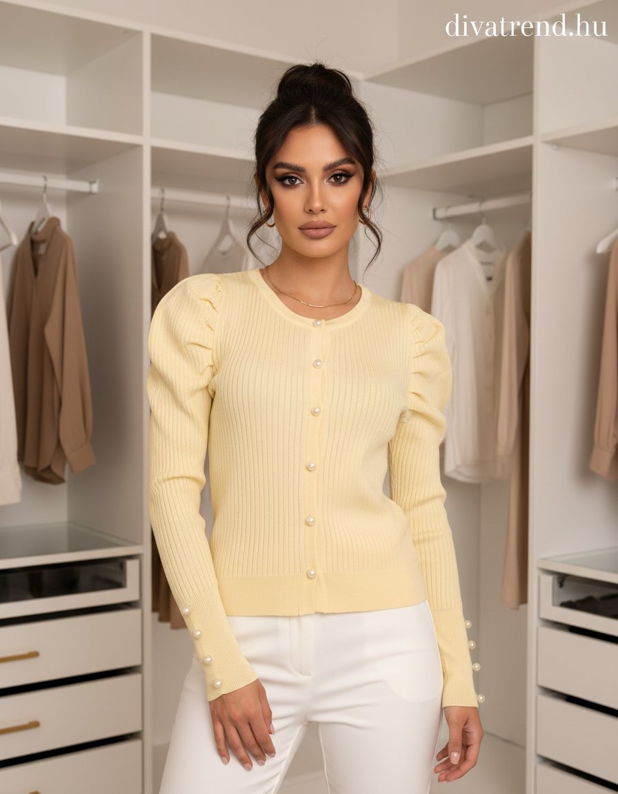 sárga női kardigán puffos vállú