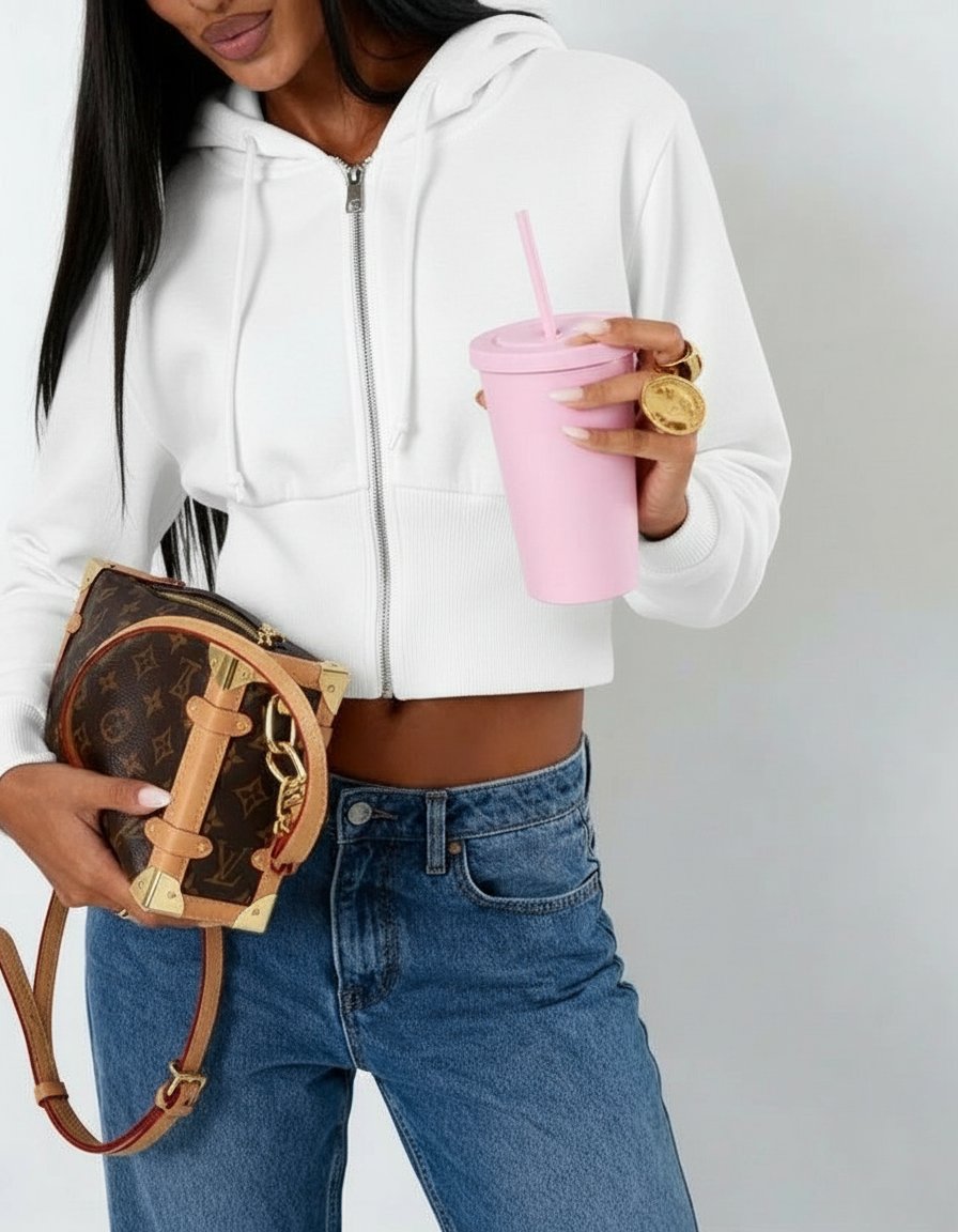 fehér női kapucnis crop pulóver