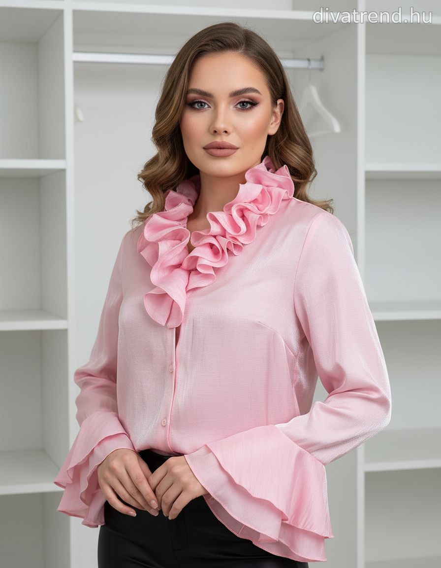 pink világos elegáns selymes fényű viszkóz ing fodrokkal