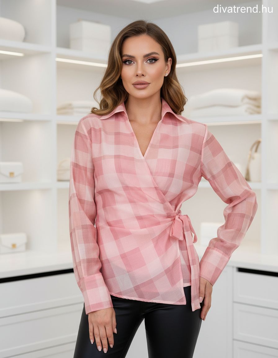 mályva kockás átlapolt blúz
