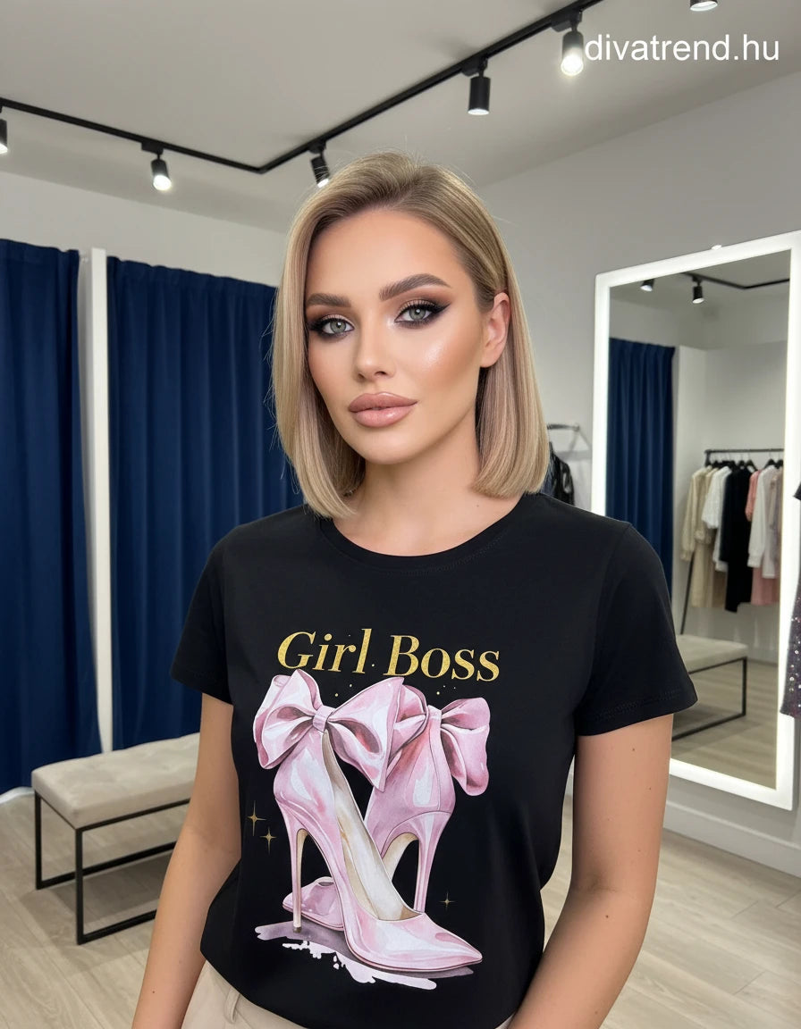 fekete mintás női pamut póló