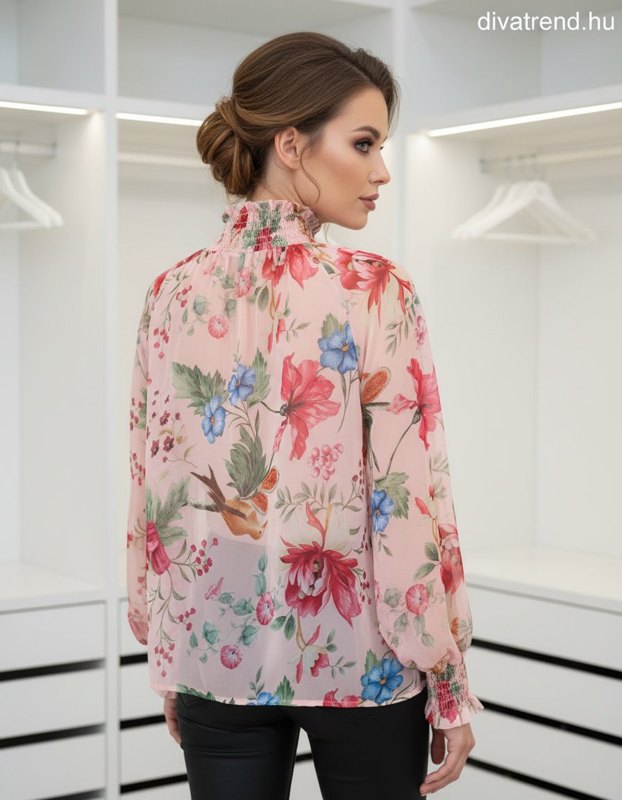 virágmintás sifon blúz darázsolt hátulról