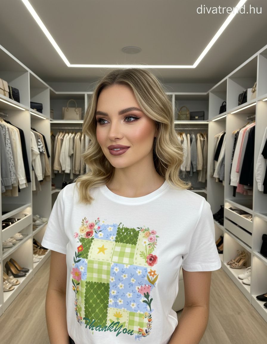 fehér női mintás pamut póló