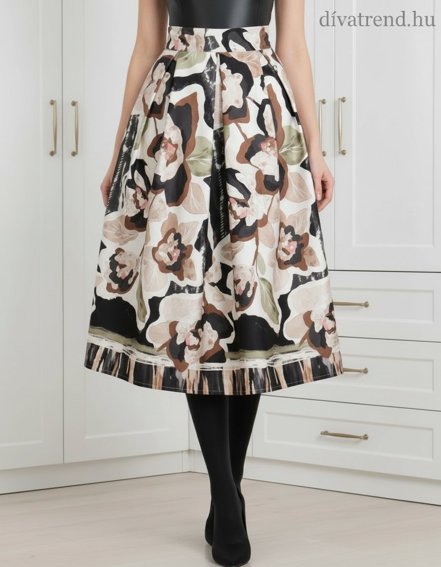 fekete mintás szatén midi szoknya