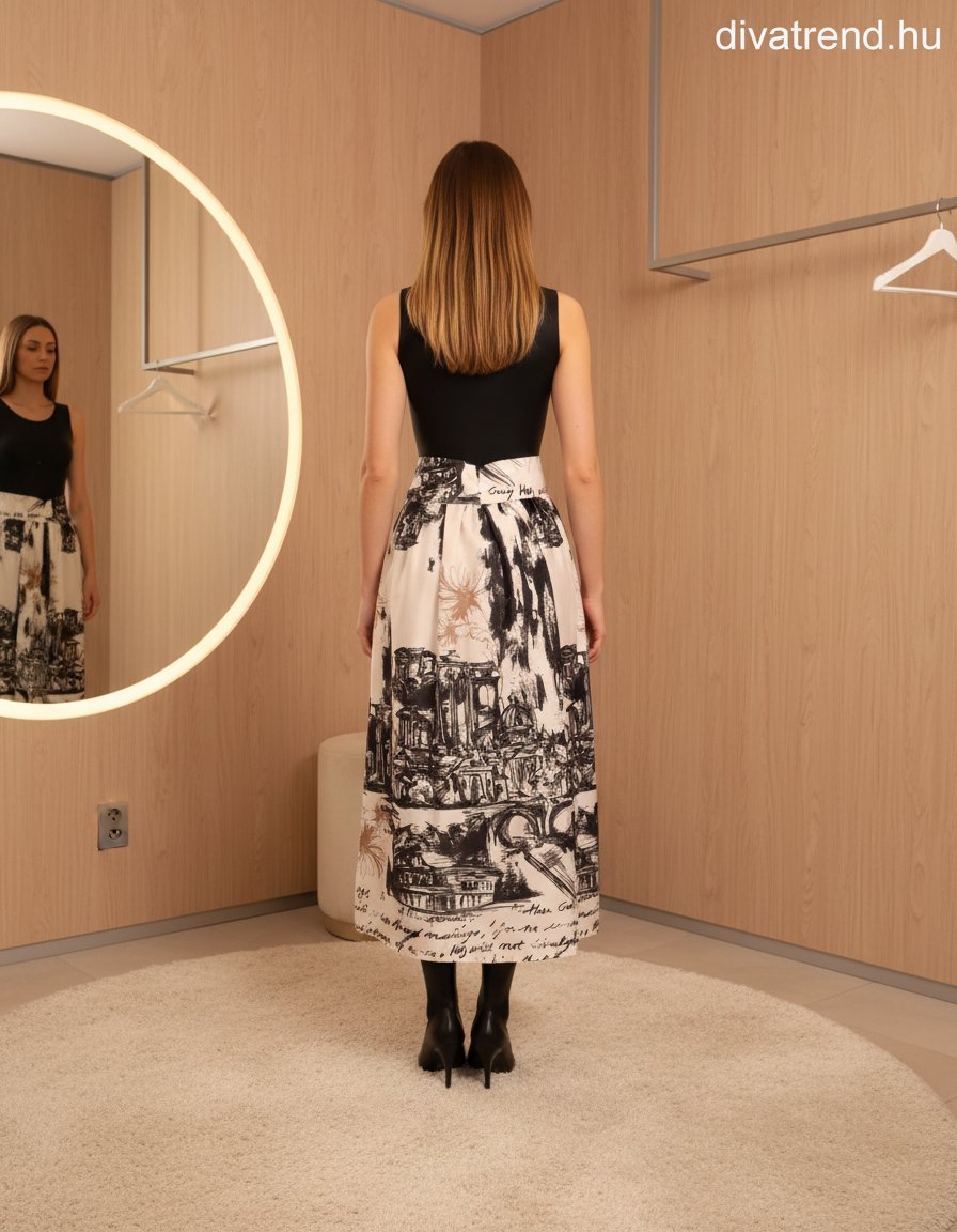 toile mintás szatén maxi szoknya masnis övvel hátulról